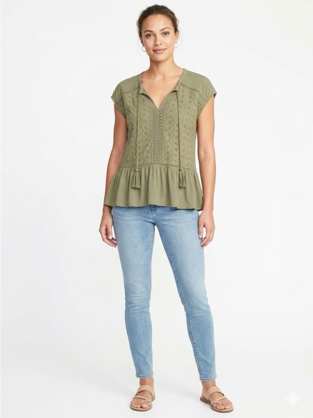 Cupio Signature Lightweight Olive Eyelet Peplum Blouse with Tassels Size M